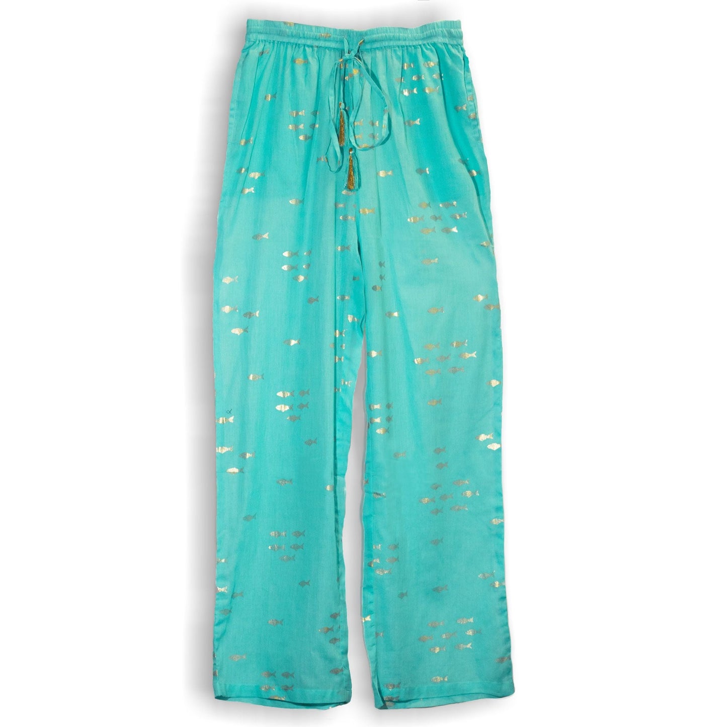 Alt Tag: Pure Cotton Lounge Pants – Turquoise & Gold Fish turquoise cotton lounge pants with gold fish print and drawstring waist