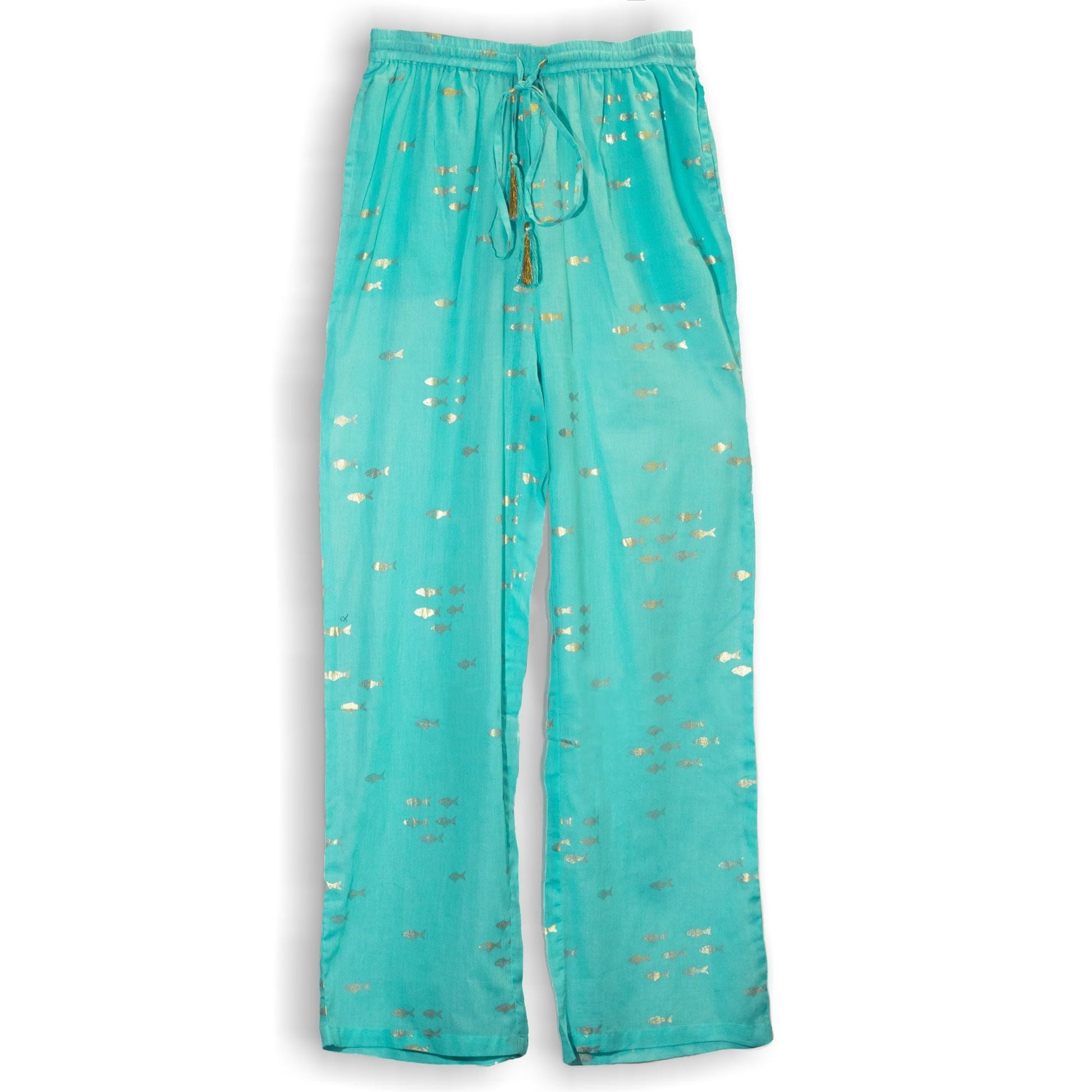 Alt Tag: Pure Cotton Lounge Pants – Turquoise & Gold Fish turquoise cotton lounge pants with gold fish print and drawstring waist