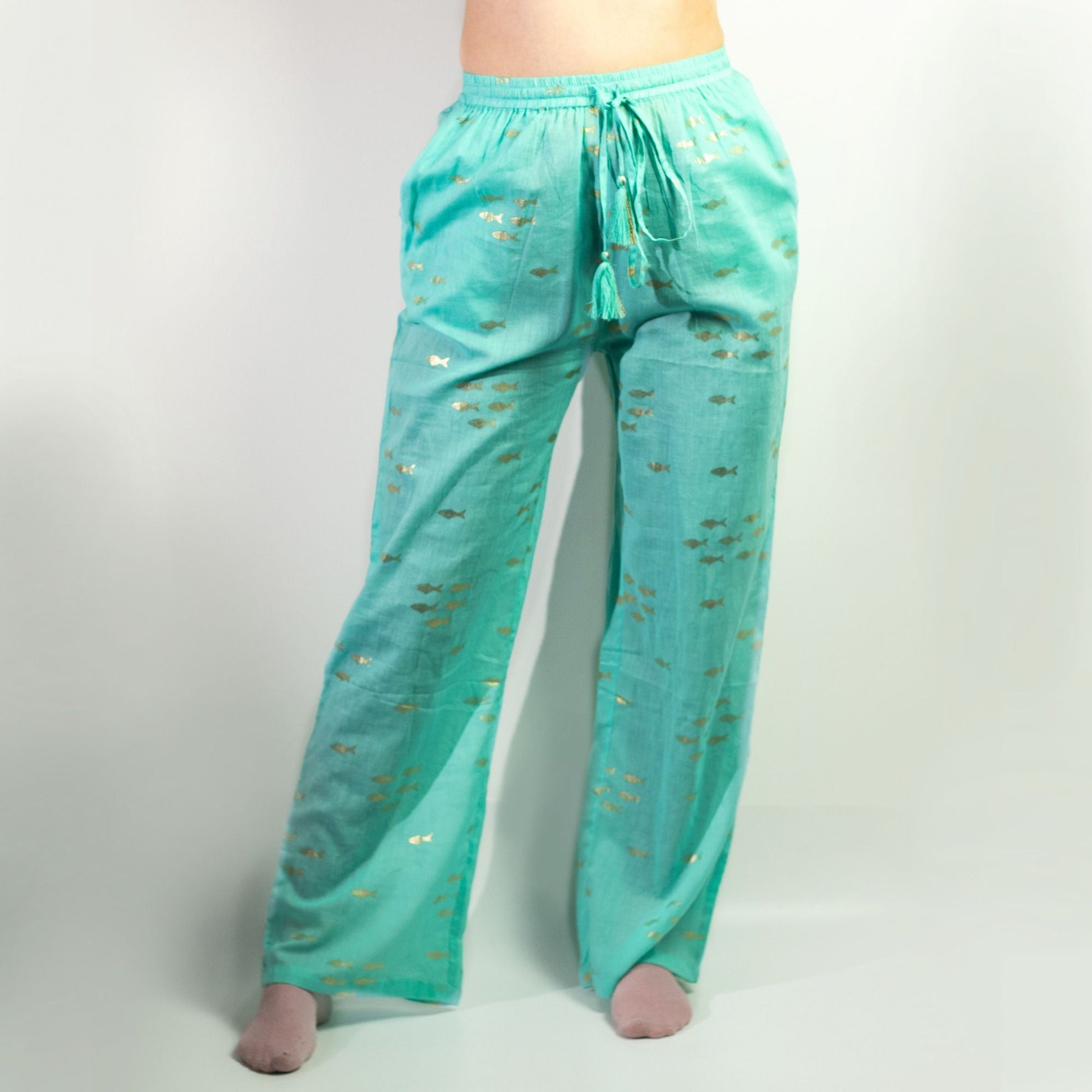 Alt Tag: Pure Cotton Lounge Pants – Turquoise & Gold Fish turquoise cotton lounge pants with gold fish print, drawstring waist, wide leg