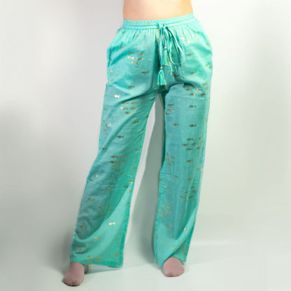 Alt Tag: Pure Cotton Lounge Pants – Turquoise & Gold Fish turquoise cotton lounge pants with gold fish print, drawstring waist, wide leg