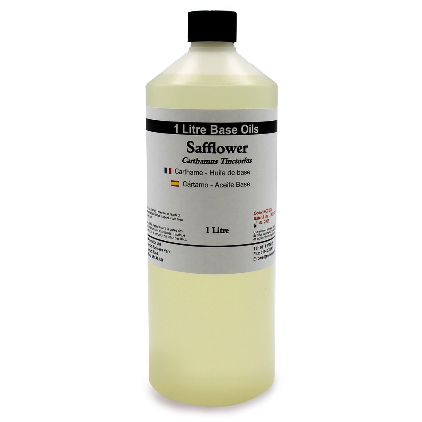 Alt Tag: Pure Safflower Oil – 1 Litre 1L base oil bottle with black cap, safflower (Carthamus tinctorius) label