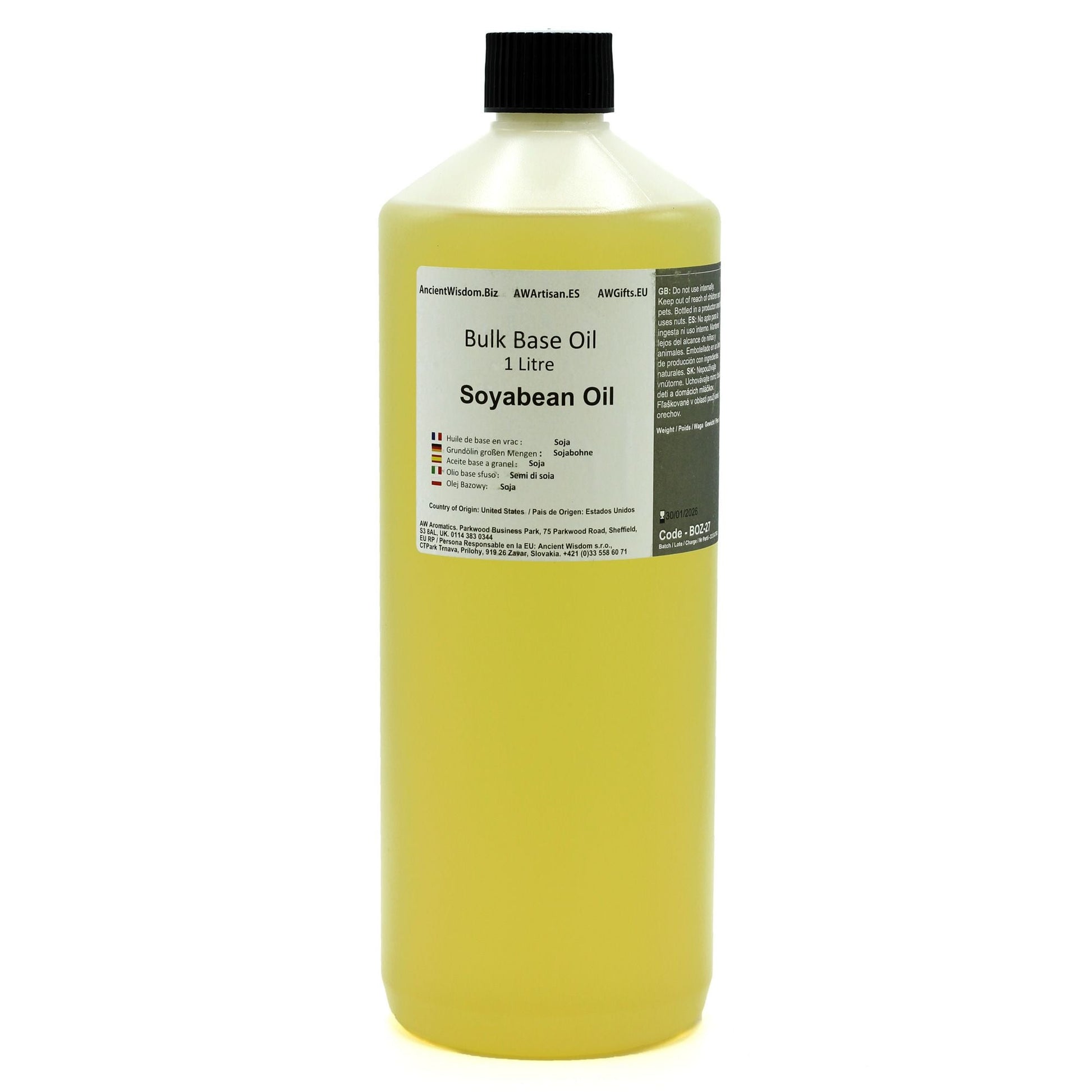 Alt-Tag: Reines Sojabohnenöl – 1 Liter 1L-Flasche Großgebinde Basis-Sojabohnenöl mit schwarzem Deckel, gelbes Öl, Frontetikett