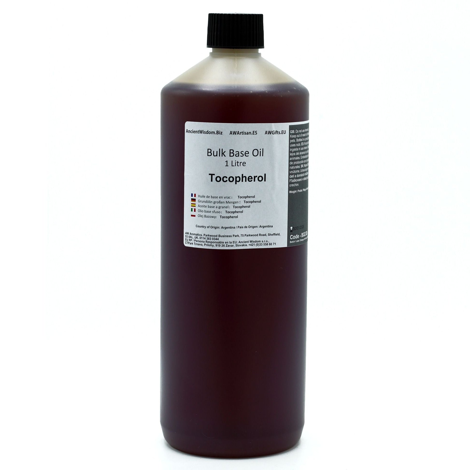 Alt-Tag: Reines Tocopherol-Basisöl – 1-Liter-Großgebinde-Basisölflasche mit schwarzem Verschluss, 1-Liter-Tocopherol-Produktetikett