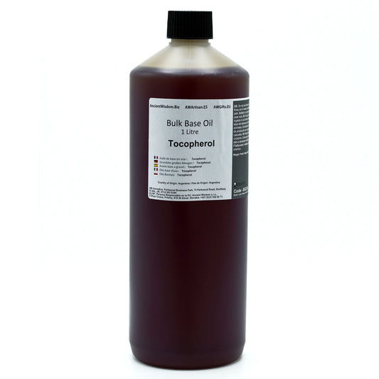 Alt-Tag: Reines Tocopherol-Basisöl – 1-Liter-Großgebinde-Basisölflasche mit schwarzem Verschluss, 1-Liter-Tocopherol-Produktetikett
