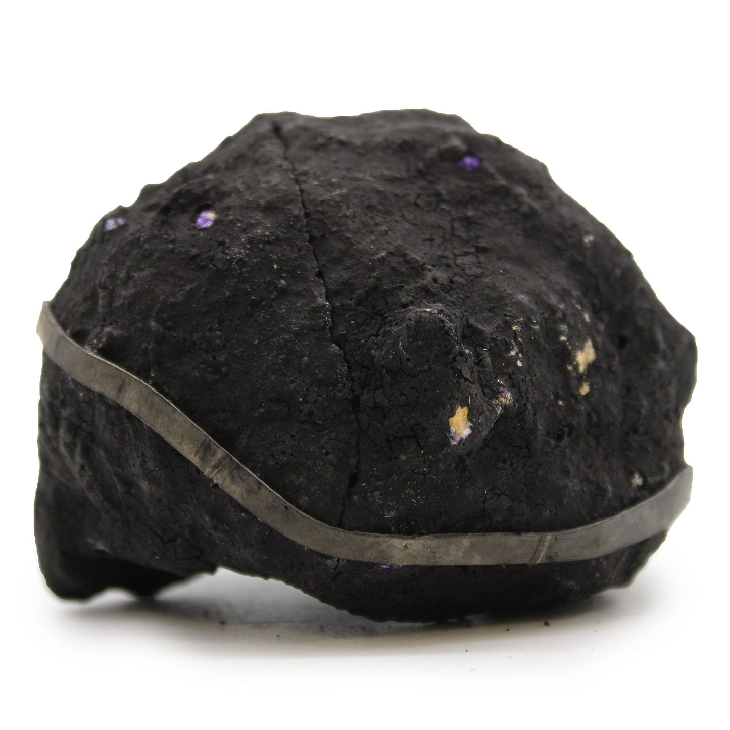 Purple Calcite Geode – Black Rock 8.5x6 CM, black rock geode specimen with purple calcite crystal spots on white background