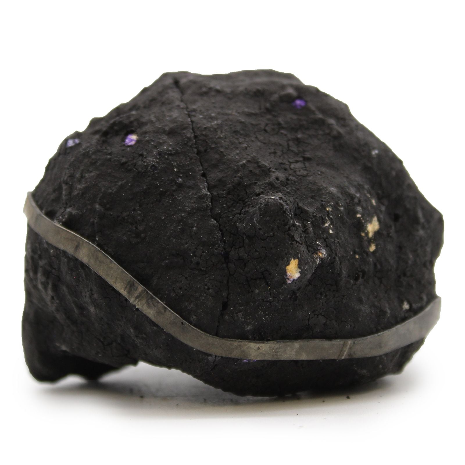 Purple Calcite Geode – Black Rock 8.5x6 CM, black rock geode specimen with purple calcite crystal spots on white background