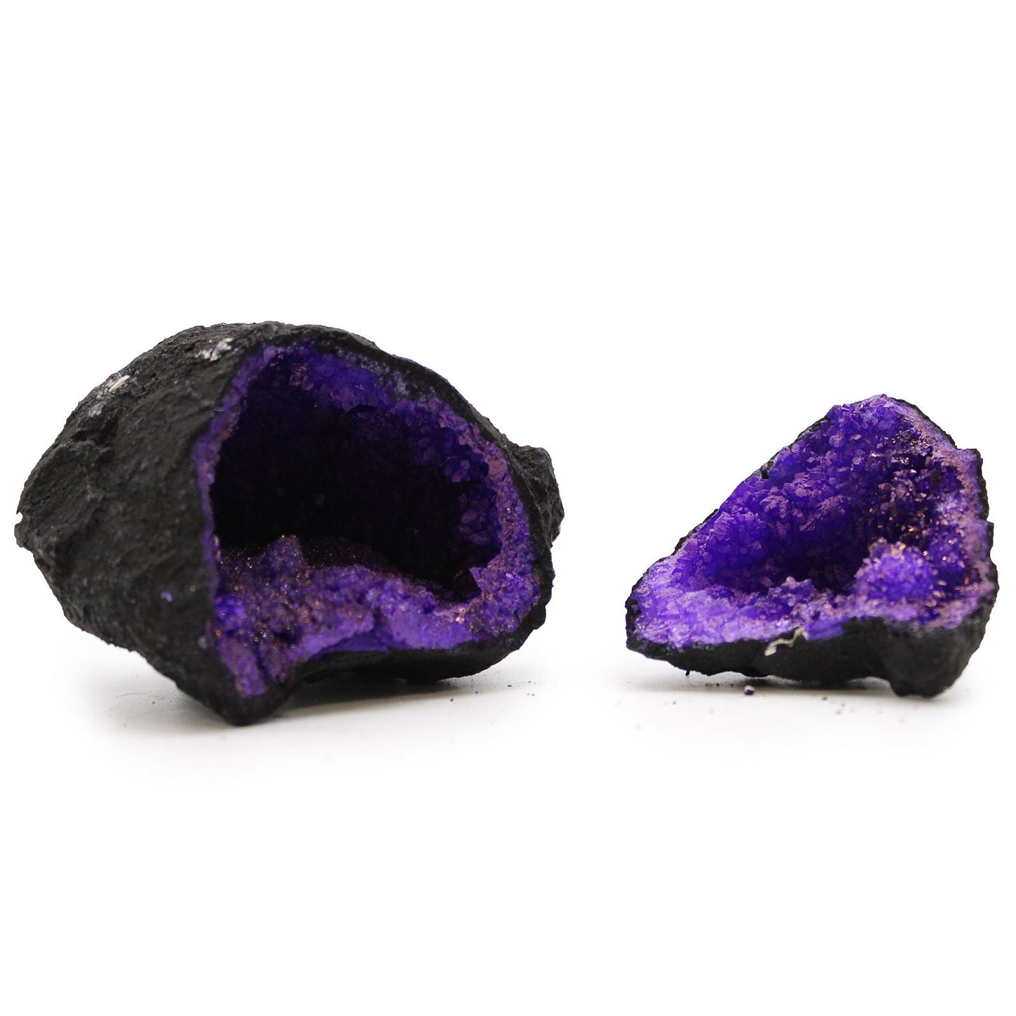 Alt Tag: Purple Calcite Geode – Black Rock 8.5x6 CM with vivid purple crystal interior, two geode halves on white background