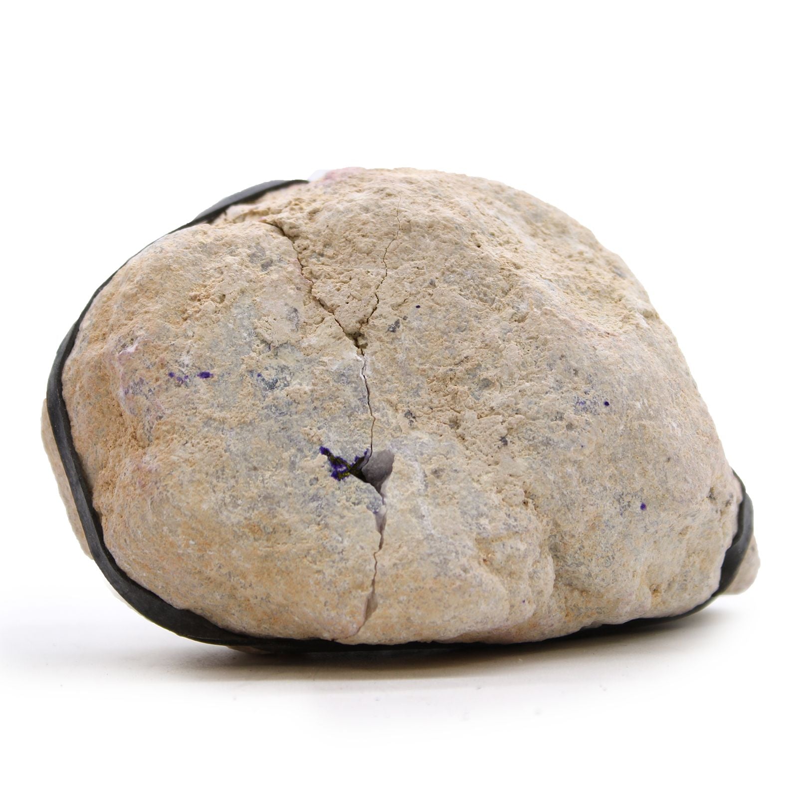 Purple & Gold Calcite Geode – 8.5x6 CM, natural calcite geode stone specimen with rough outer surface on white background