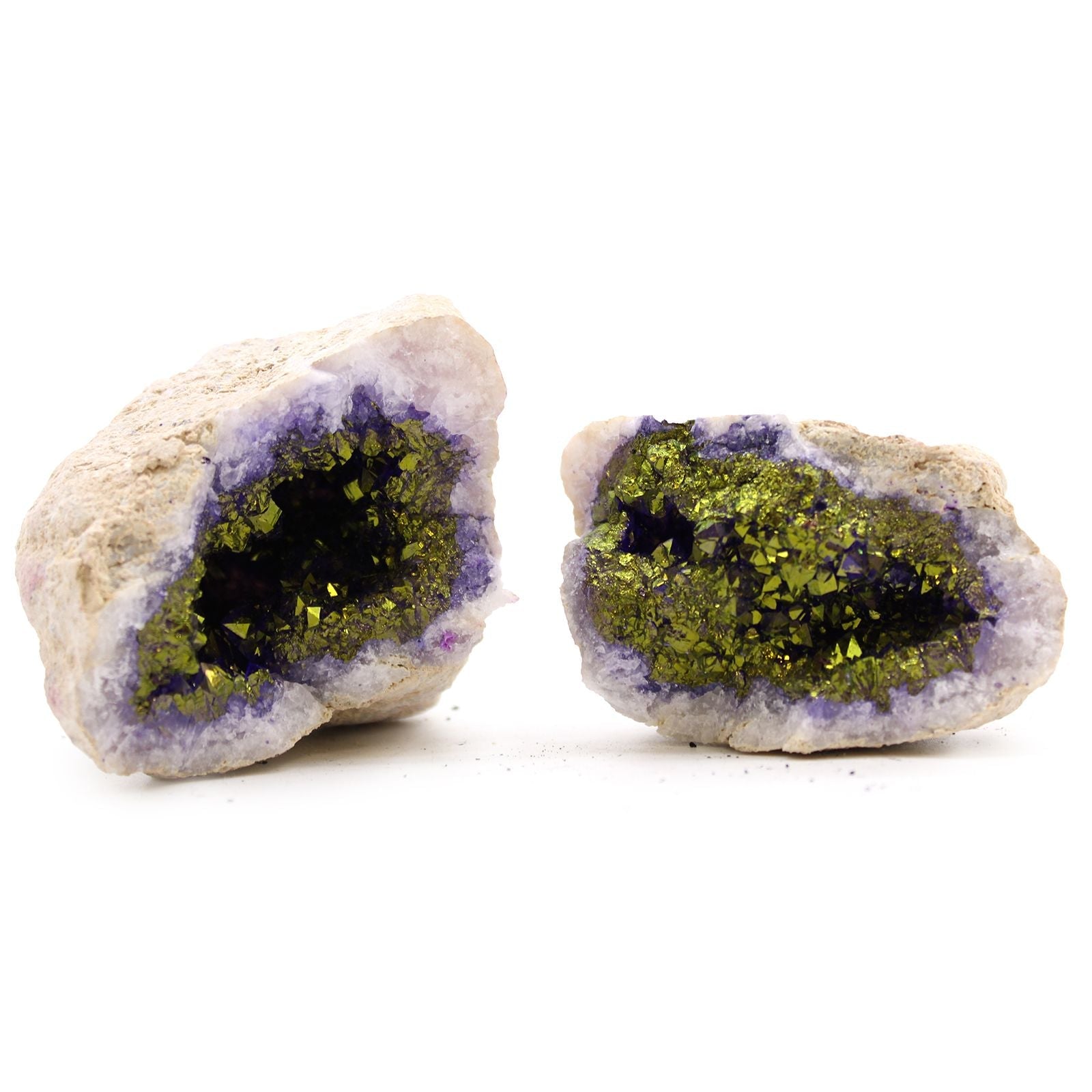 Purple & Gold Calcite Geode – 8.5x6 CM, natural crystal geode pair with purple rim and gold-toned calcite druzy on white background