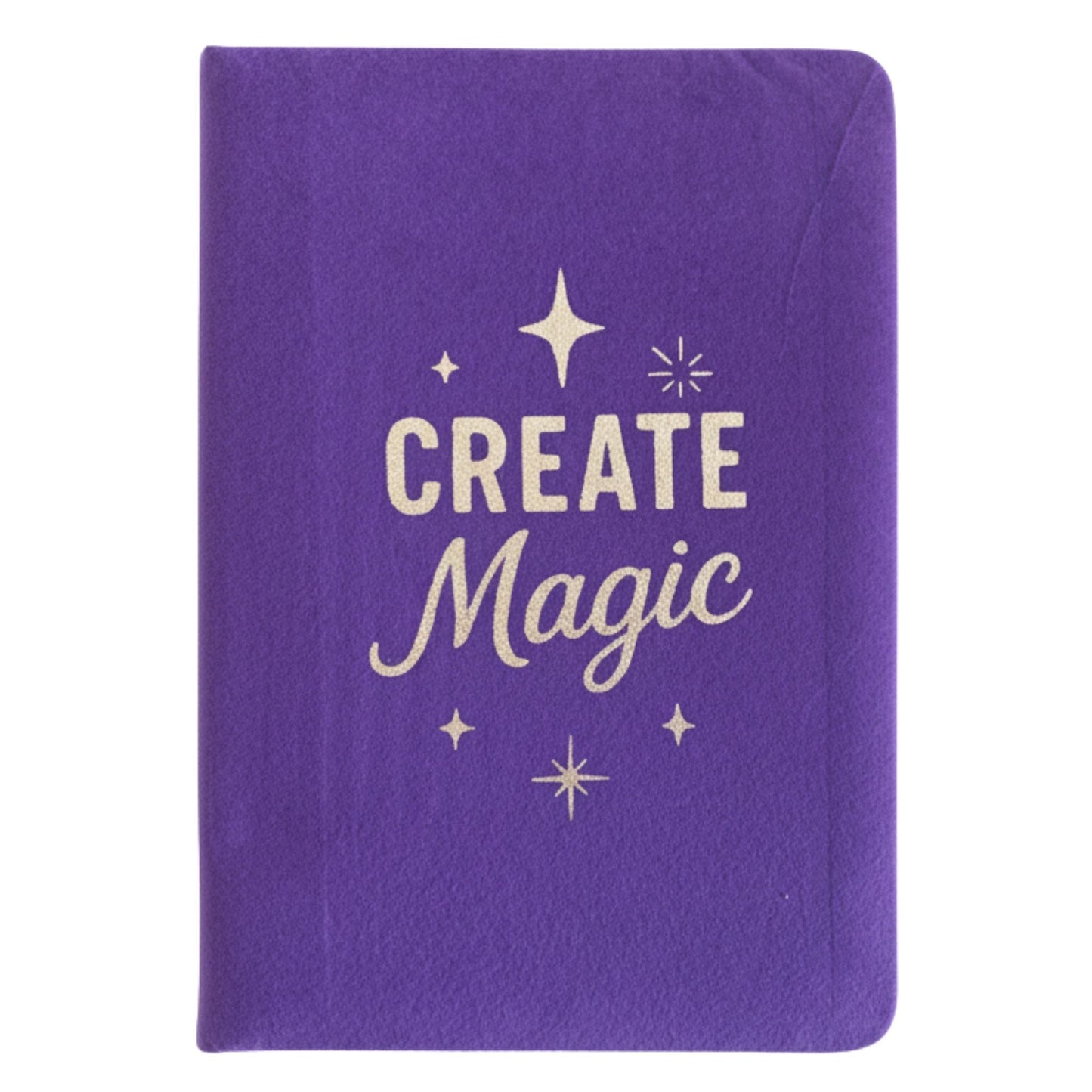 Alt Tag: Purple Velvet Notebook – 80 Pages- Create Magic purple velvet cover notebook with “Create Magic” text and star icons