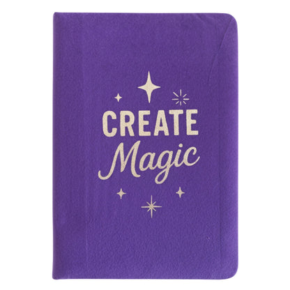 Alt Tag: Purple Velvet Notebook – 80 Pages- Create Magic purple velvet cover notebook with “Create Magic” text and star icons
