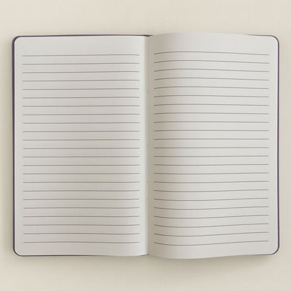Alt Tag: Purple Velvet Notebook – 80 Pages- Create Magic open notebook with lined pages, purple cover edge visible