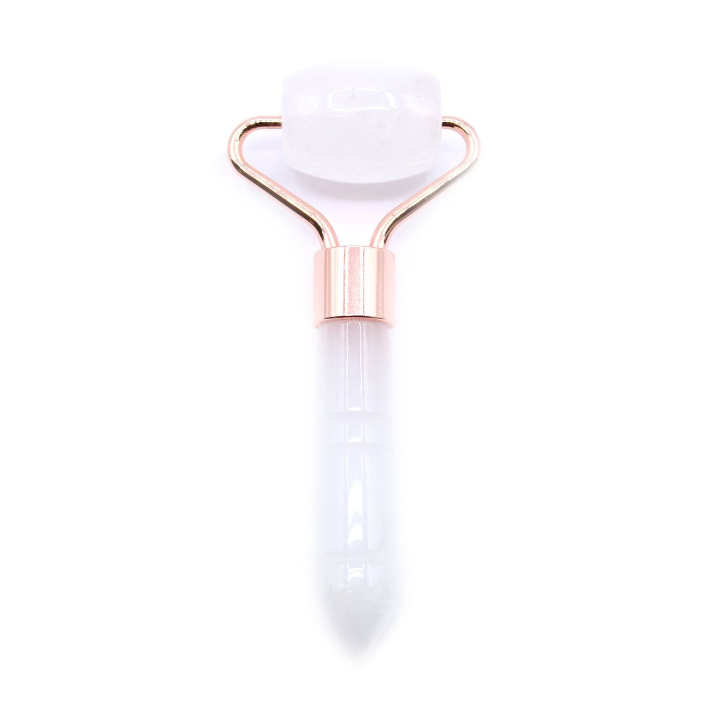 Quartz Gemstone Face Roller – Compact 9 CM, rock quartz facial massage roller with rose gold handle on white background