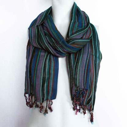 Alt Tag: Radiant Cotton Boho Scarf – 56x183 CM striped cotton scarf with multicolor woven lines and tasseled ends
