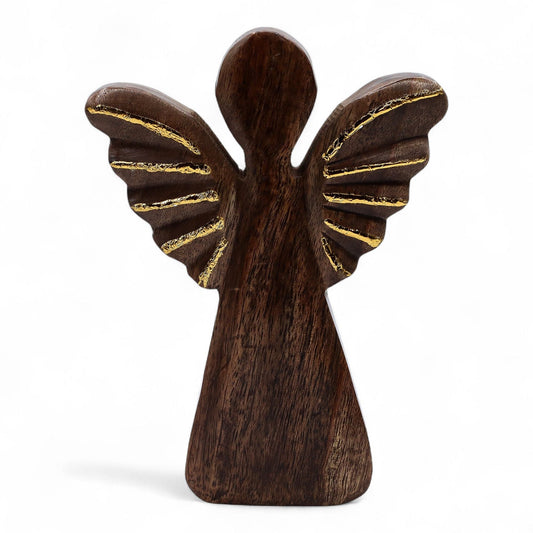 Radiant Mango Wood Angel – Gold Wings 19CM handcrafted mango wood angel figurine with gold wing accents, 19 cm tall