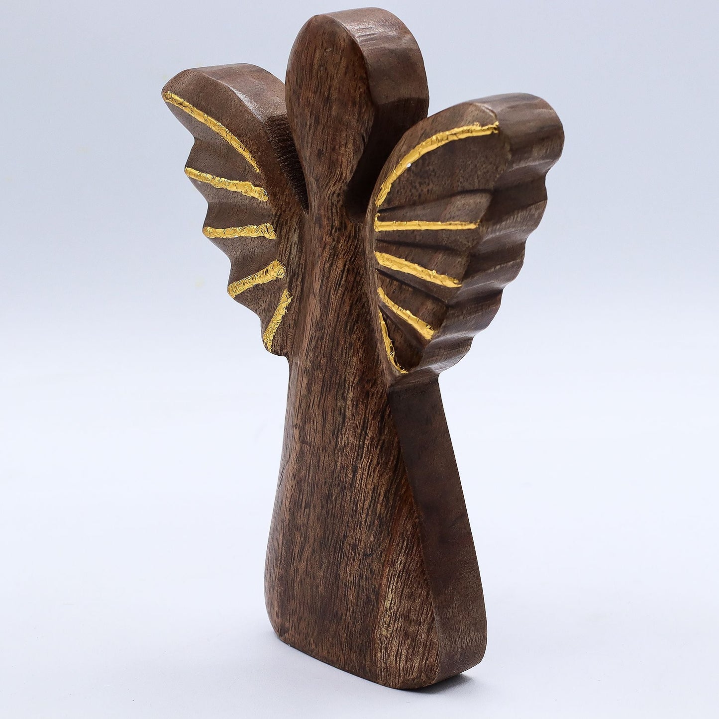 Ángel Radiante de Madera de Mango – Alas Doradas 19CM figura de ángel de madera de mango hecha a mano con alas doradas, escultura decorativa de 19cm