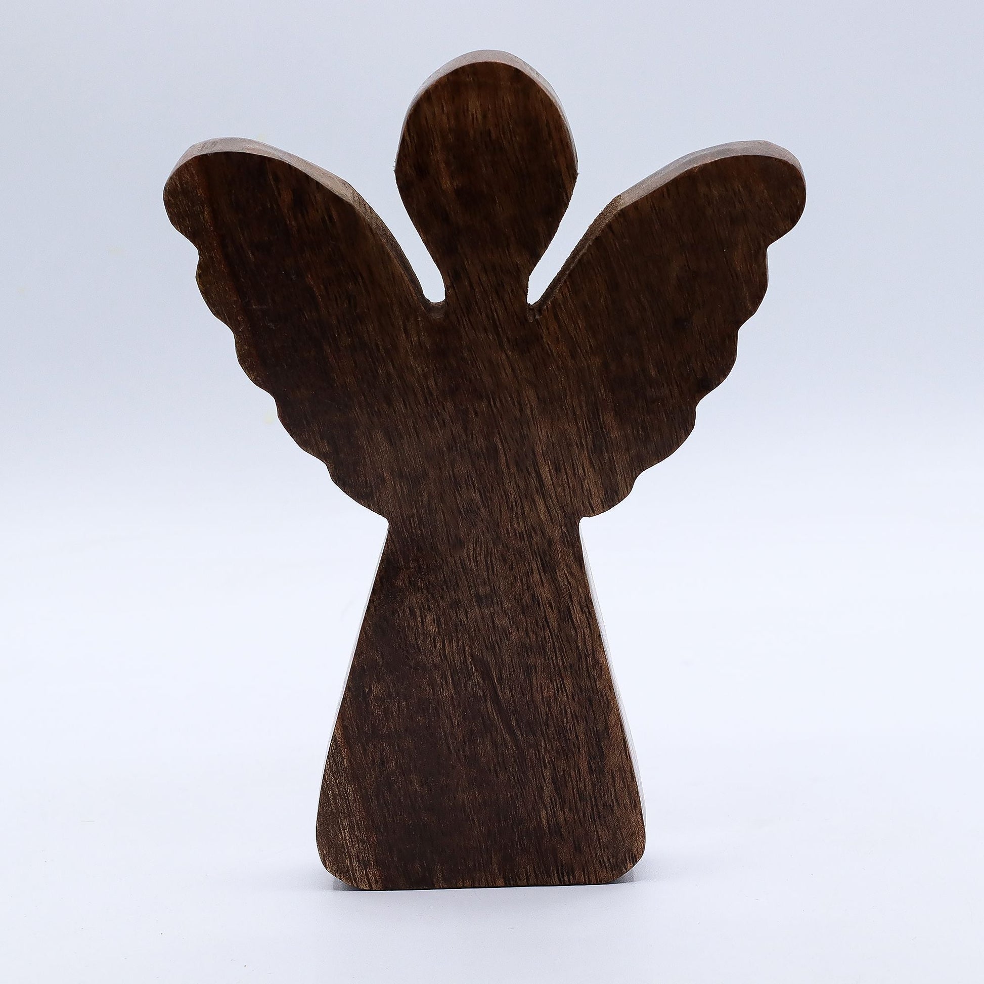 Alt Tag: Ángel Radiante de madera de mango – Alas doradas figura de ángel de madera de mango hecha a mano, silueta de madera oscura con alas, 19cm