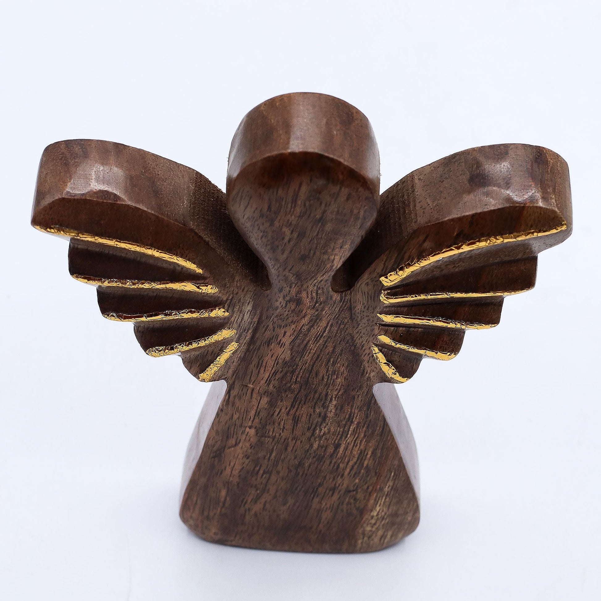 Ángel radiante de madera de mango – Alas doradas Figurita de ángel artesanal de madera de mango de 19CM con detalles en alas doradas, vista trasera