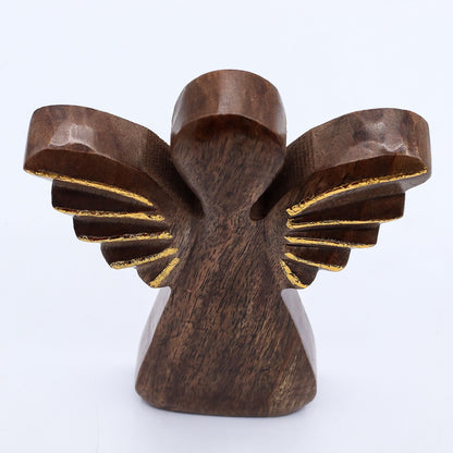 Ángel radiante de madera de mango – Alas doradas Figurita de ángel artesanal de madera de mango de 19CM con detalles en alas doradas, vista trasera