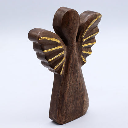 Ángel radiante de madera de mango – Alas doradas Figura de ángel artesanal en madera de mango con alas doradas, 19 cm, estatua decorativa de 19 cm