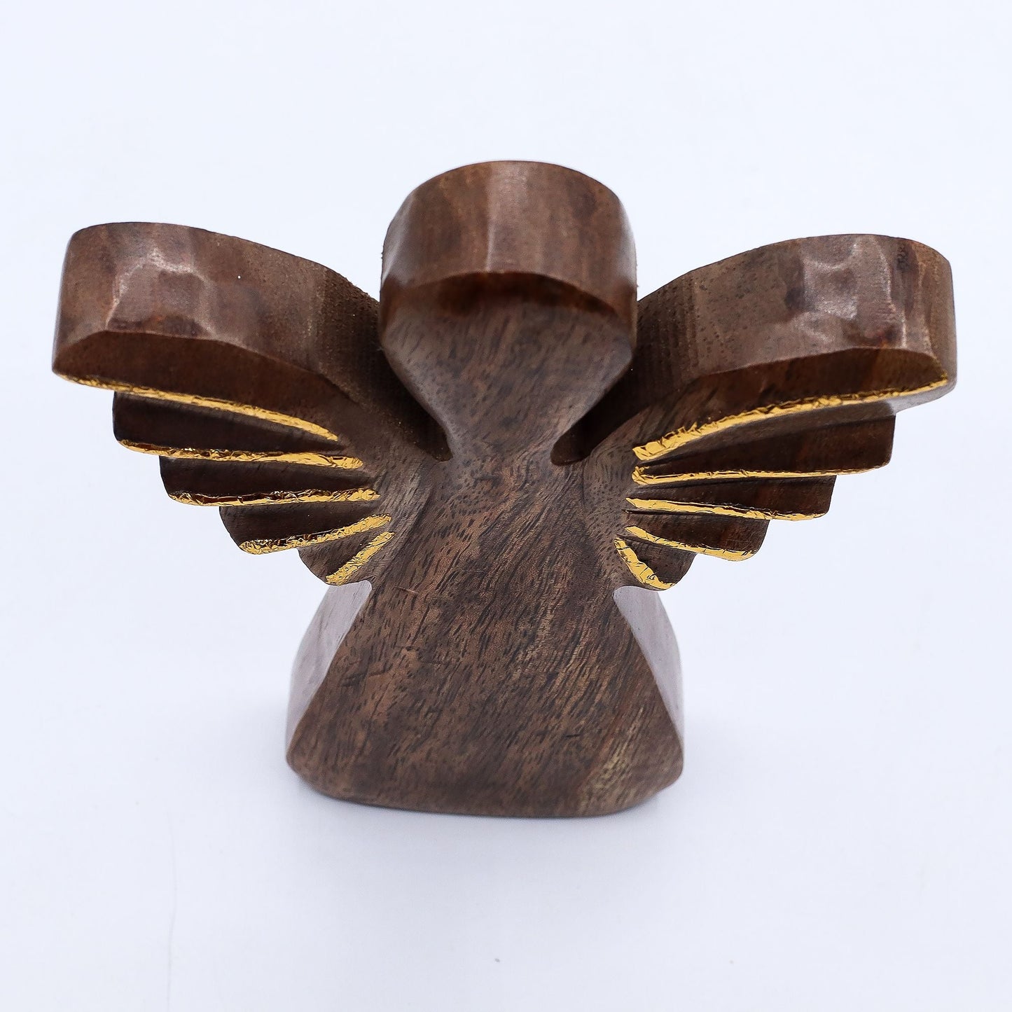 Ángel radiante de madera de mango – Alas doradas 19CM figura de ángel de madera de mango con alas doradas, vista frontal