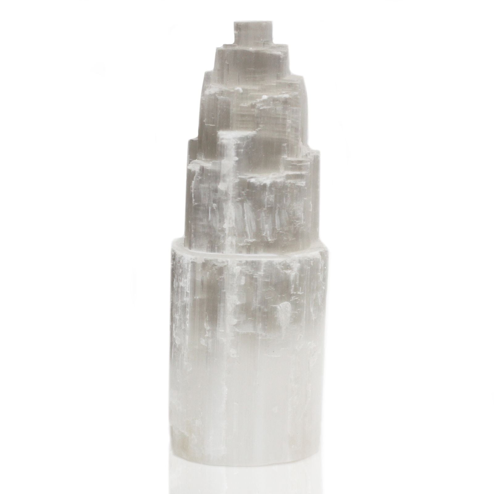 Radiant Selenite Tower Lamp – 25 CM, vit naturlig selenit-tornlampa på 25 cm med stegad design