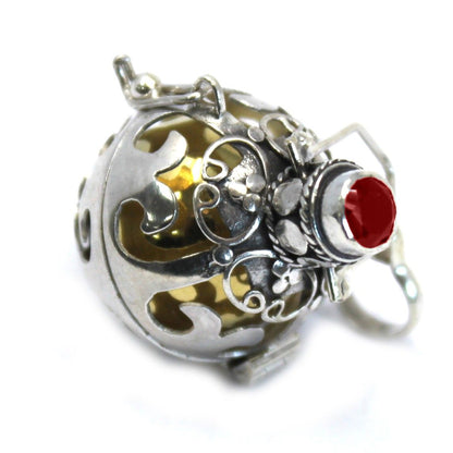 Alt Tag: Radiant Silver Angel Bell – Magic 18MM 925 silver Bali handcrafted angel bell pendant with ornate filigree and red gemstone