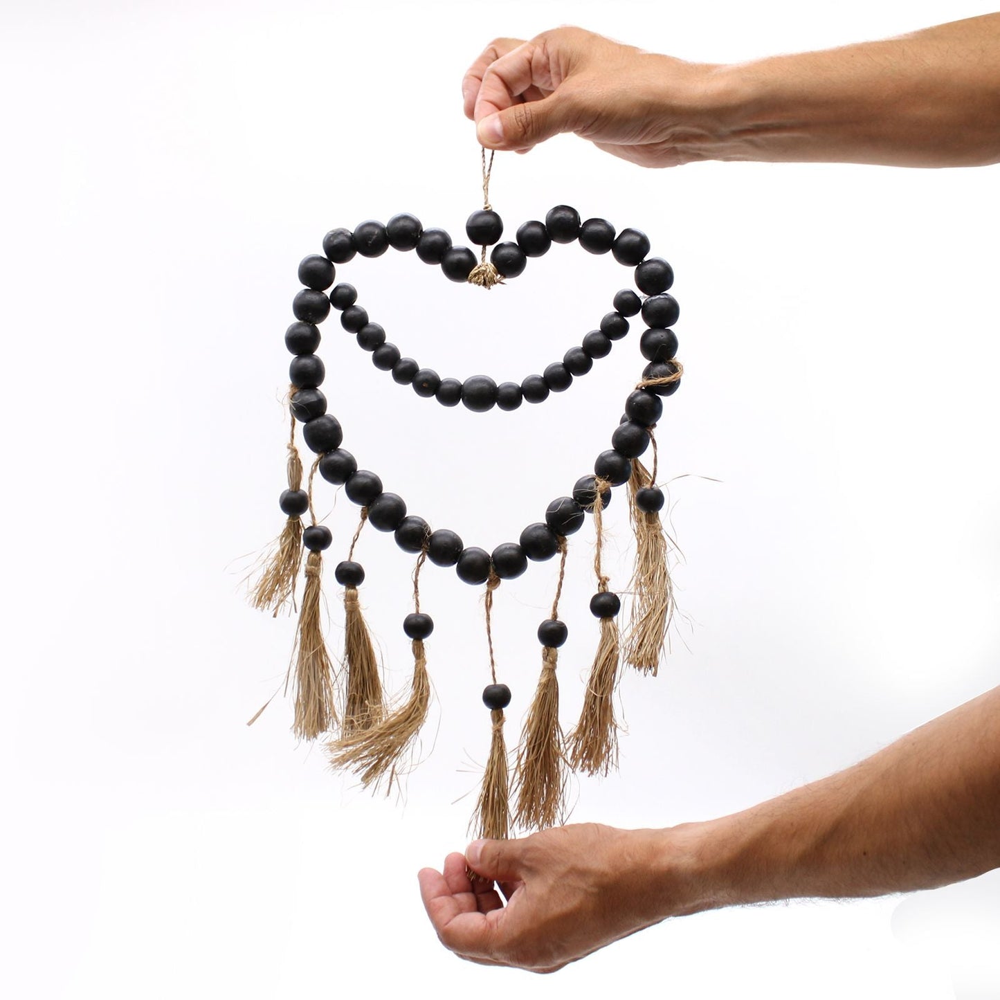 Raffia & Pinewood Bead Heart Mobile – 33x23 CM black bead heart wall hanging with raffia tassels, handcrafted decor