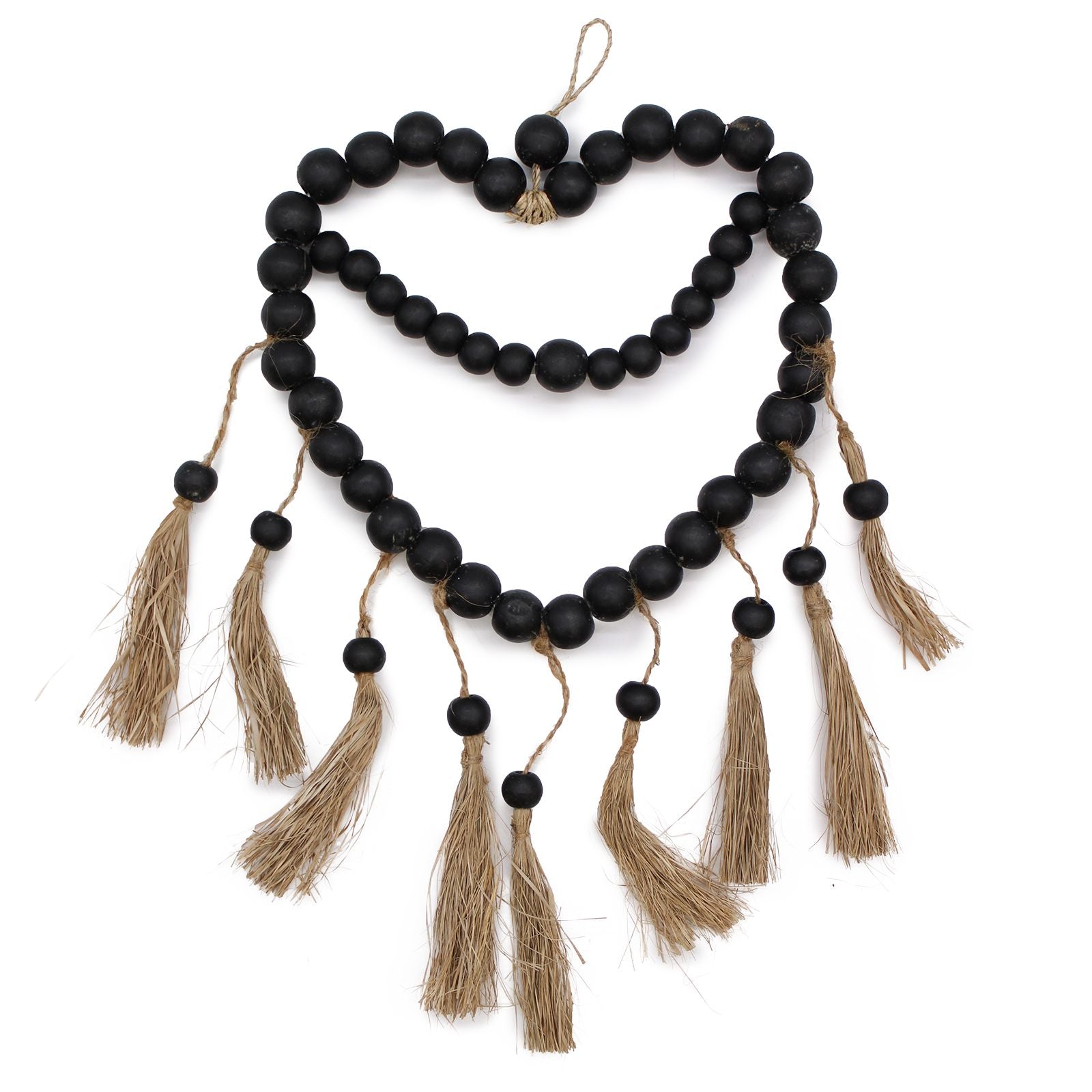 Raffia & Pinewood Bead Heart Mobile – 33x23 CM with black pinewood beads and raffia tassels wall decor