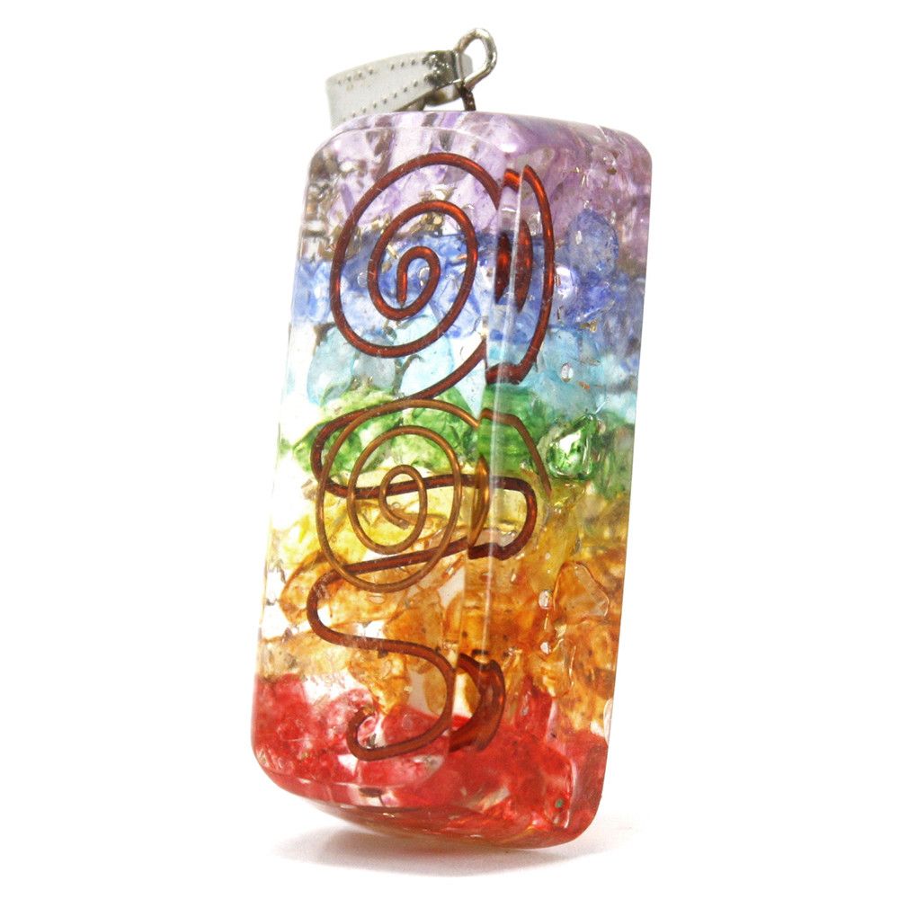Alt Tag: Rainbow Copper Orgonite Pendant – 5x2x1 CM, rectangular rainbow resin pendant with copper spiral wire and metal bail