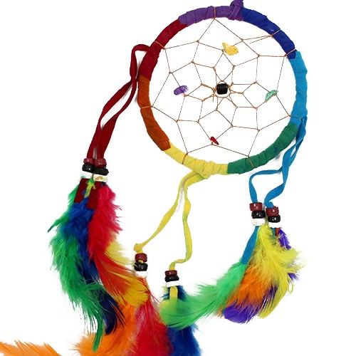 Alt Tag: Rainbow Dreamcatcher – Medium Round, multicolor rund båge med centralt nät, hängande regnbågsband och fjädrar