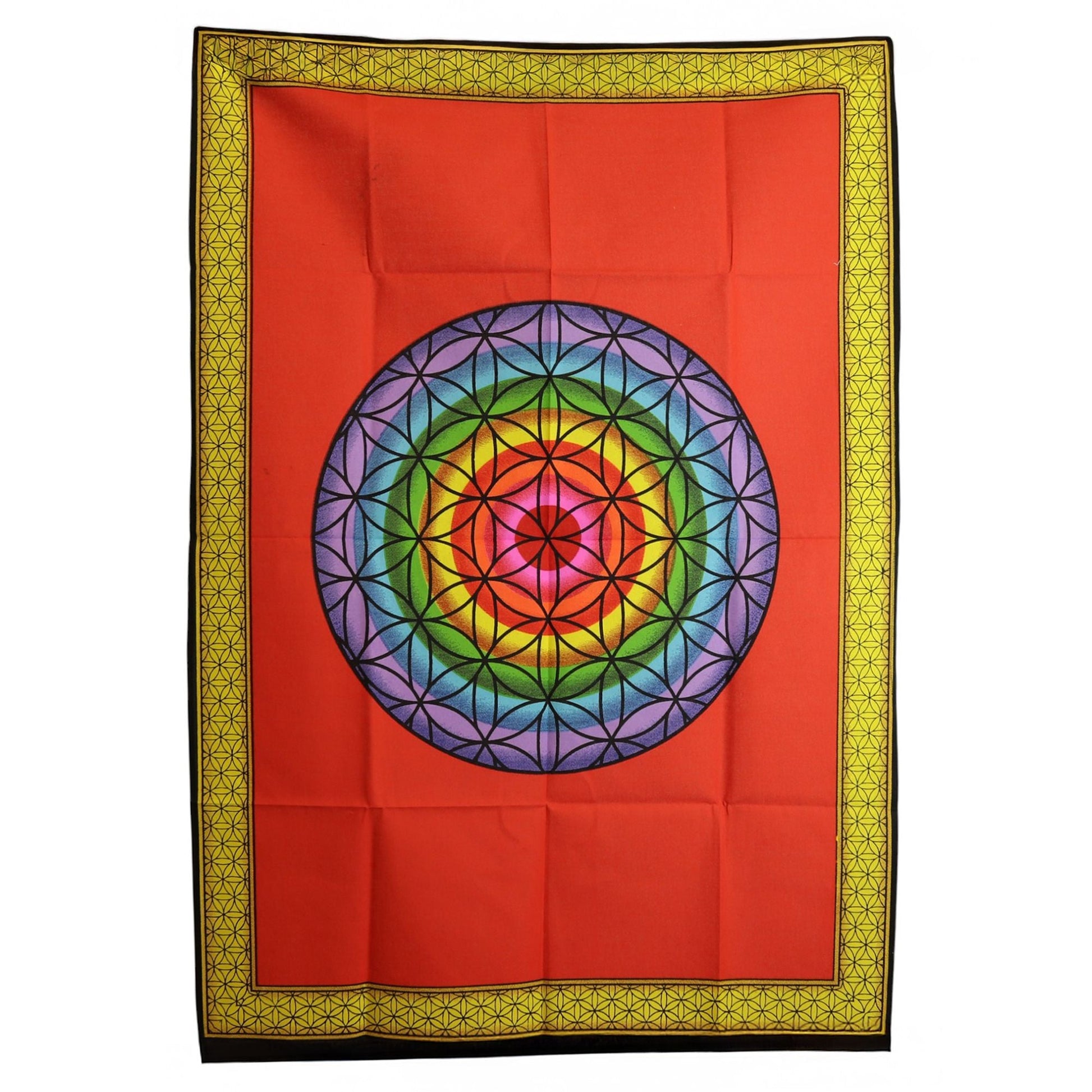 Alt Tag: Rainbow Flower of Life Cotton Wall Art – 70x110 CM red cotton wall hanging with rainbow geometric Flower of Life mandala