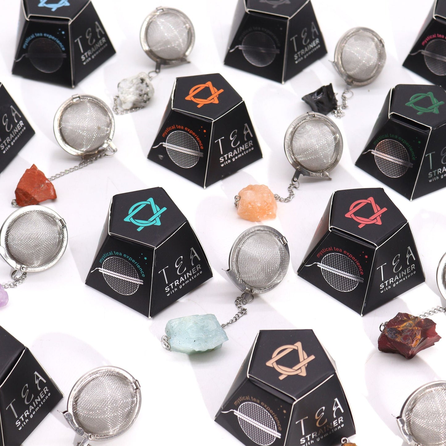 Rainbow Moonstone Crystal Tea Strainer – 7.5x5 CM stainless steel mesh tea infuser with gemstone accent, product packaging display