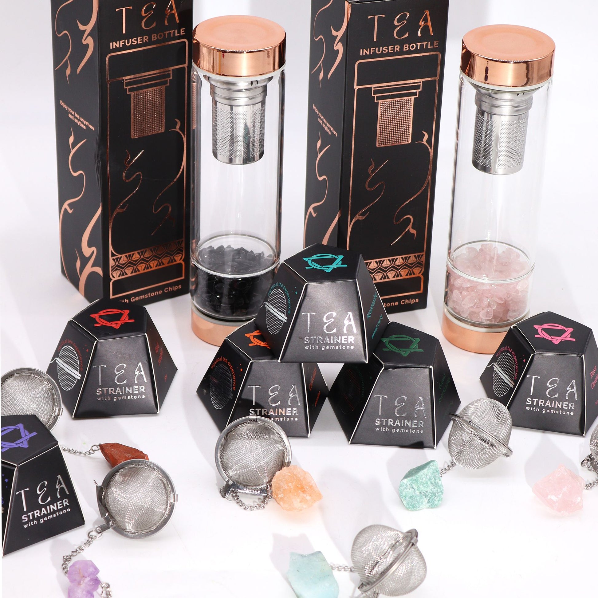 Rainbow Moonstone Crystal Tea Strainer – 7.5x5 CM stainless steel mesh tea infuser with gemstone, shown with tea bottles and packaging