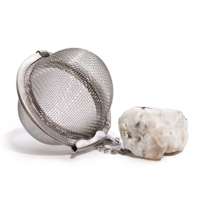 Alt Tag: Rainbow Moonstone Crystal Tea Strainer – 7.5x5 CM stainless steel mesh tea infuser with rainbow moonstone crystal charm
