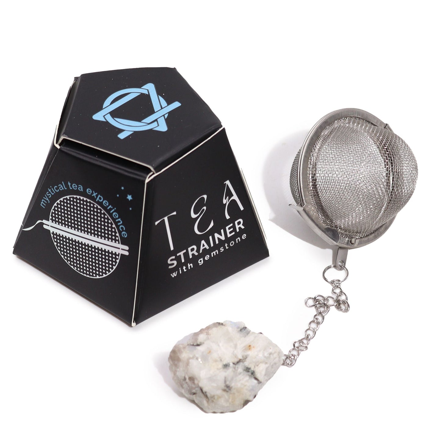 Rainbow Moonstone Crystal Tea Strainer – 7.5x5 CM stainless steel mesh tea infuser with chain and rainbow moonstone charm, with box