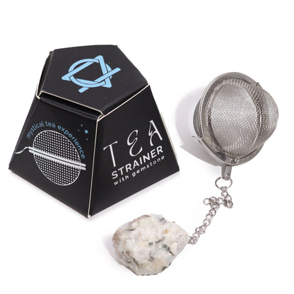 Rainbow Moonstone Crystal Tea Strainer – 7.5x5 CM stainless steel mesh tea infuser with chain and rainbow moonstone charm, with box
