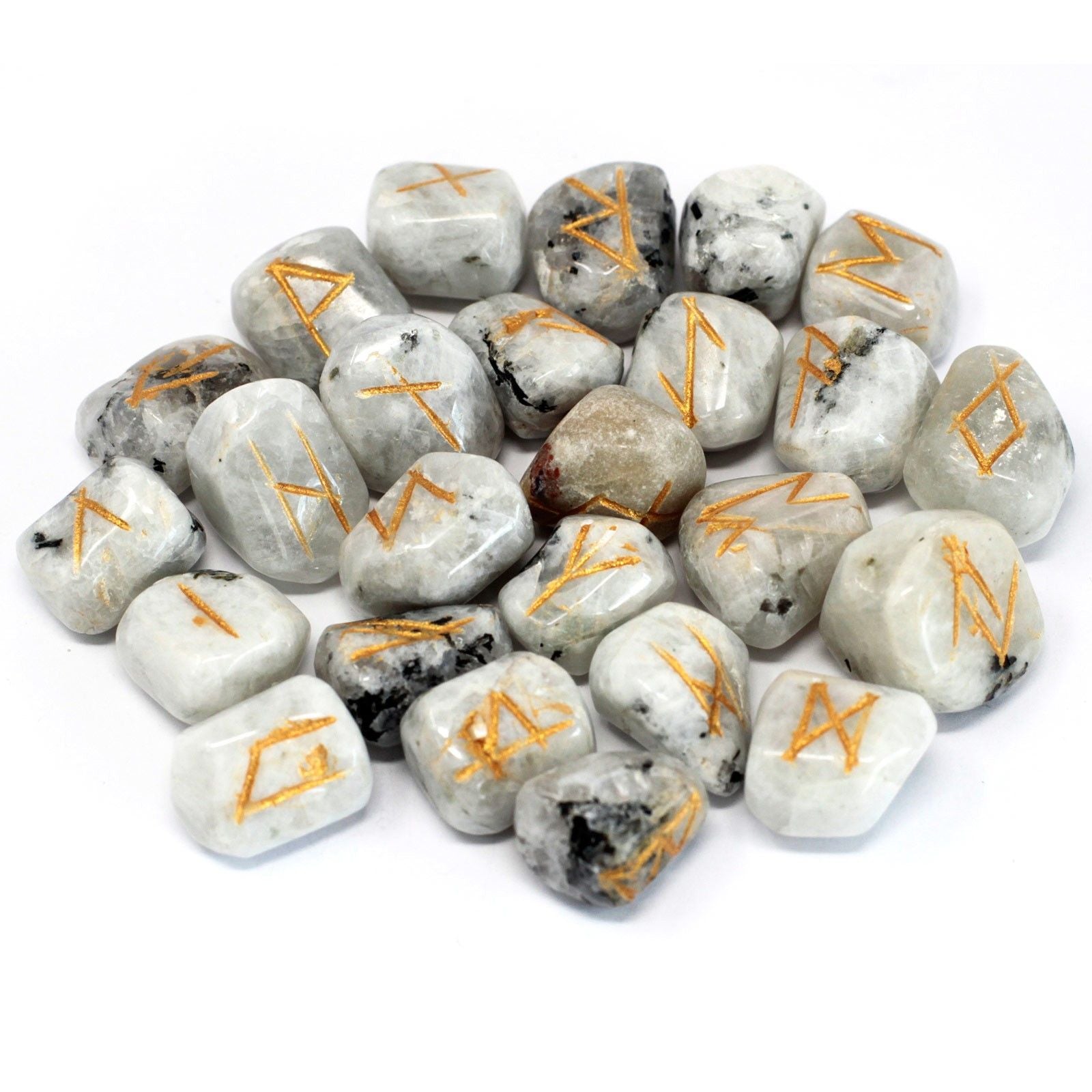 Rainbow Moonstone Rune Set – 25-Piece Enchantment, piedras pulidas de moonstone con grabados rúnicos dorados, lote de 25