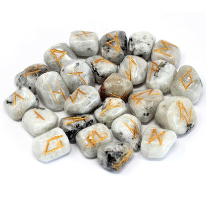 Rainbow Moonstone Rune Set – 25-Piece Enchantment, piedras pulidas de moonstone con grabados rúnicos dorados, lote de 25