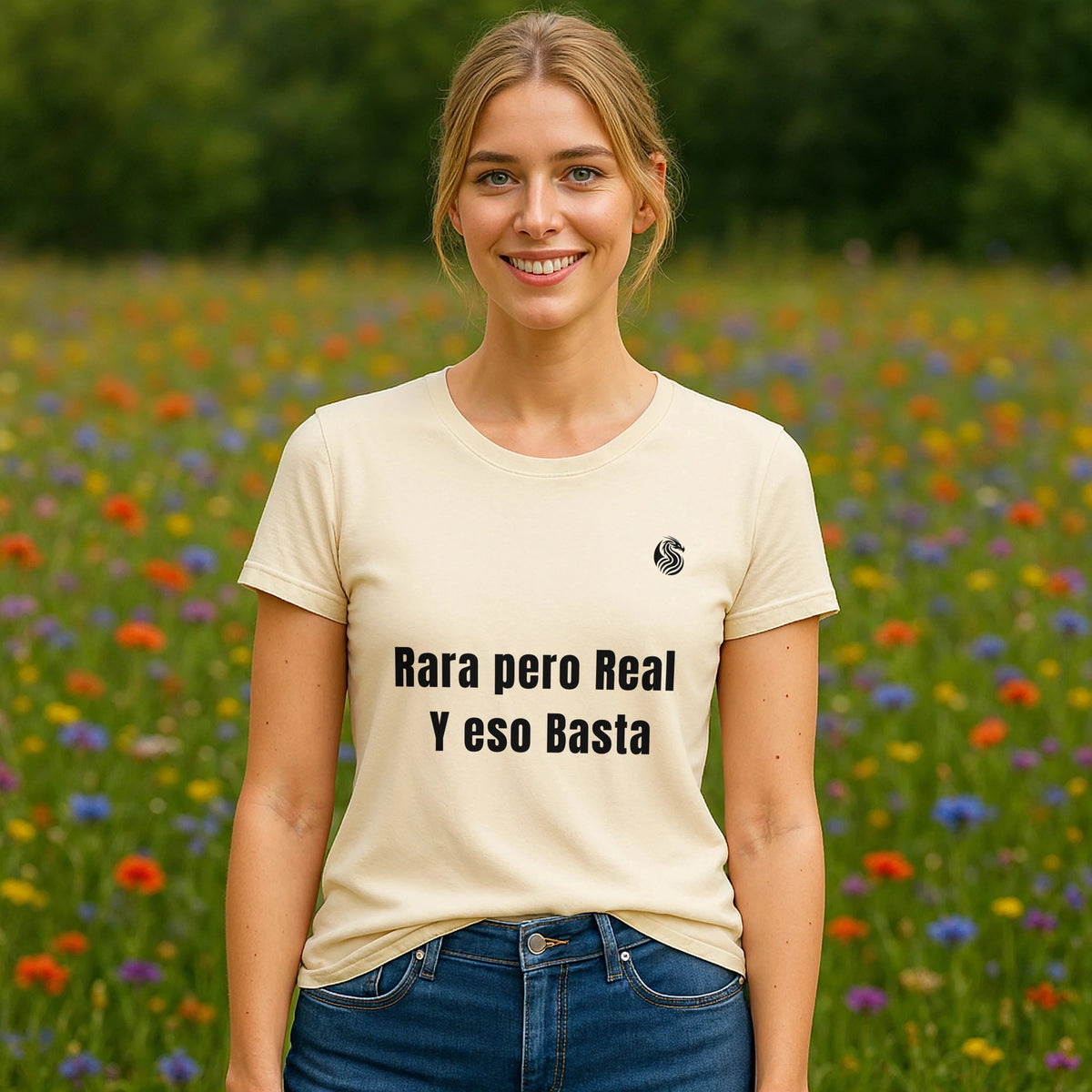 Alt Tag: Mujer usando Rara Pero Real Eso Basta Drix Sustainable Unisex Tee color crema con texto “Rara pero Real y eso Basta” en campo de flores