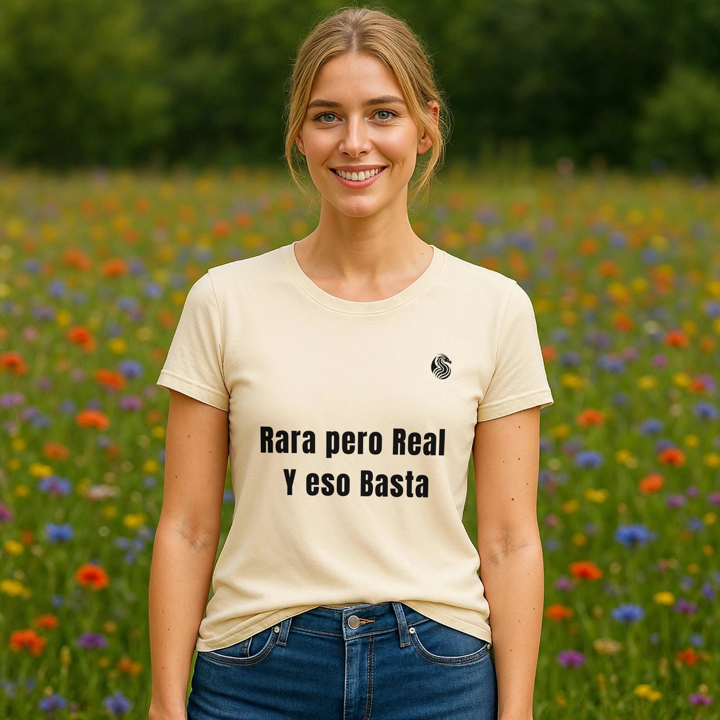 Alt Tag: Mujer usando Rara Pero Real Eso Basta Drix Sustainable Unisex Tee color crema con texto “Rara pero Real y eso Basta” en campo de flores