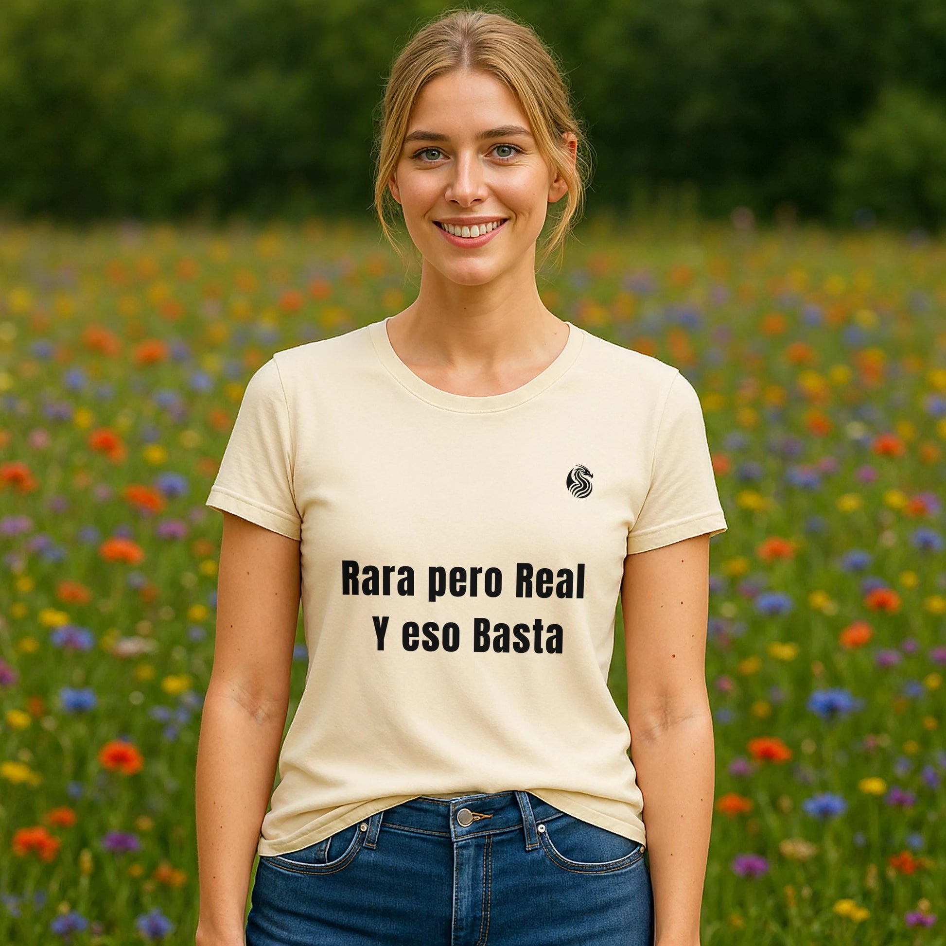 Alt Tag: Mujer usando Rara Pero Real Eso Basta Drix Sustainable Unisex Tee color crema con texto “Rara pero Real y eso Basta” en campo de flores