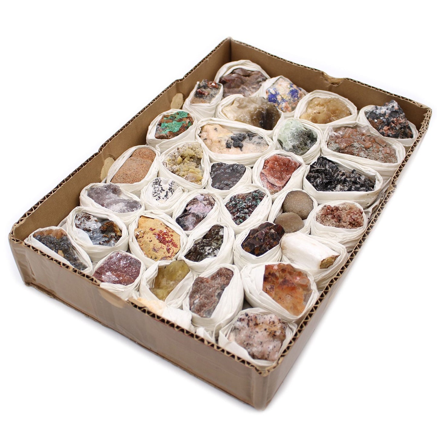 Alt Tag: Rare Mineral Specimens Set – 24 Assorted Pieces in tray with 24 assorted mineral and gemstone rough specimens