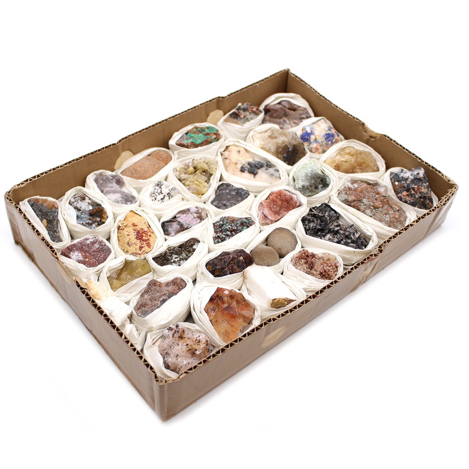 Rare Mineral Specimens Set – 24 Assorted Pieces in cardboard tray with individually wrapped mixed mineral rocks for collectors