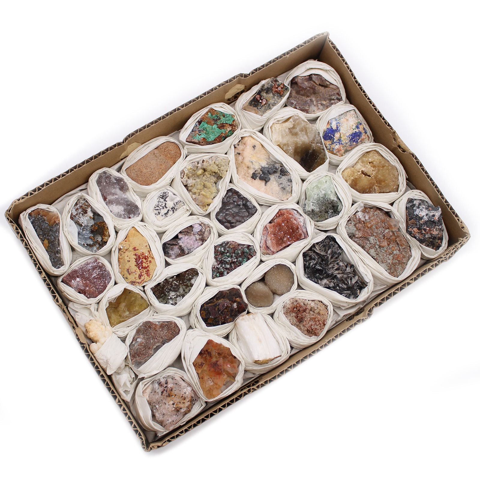 Alt Tag: Rare Mineral Specimens Set – 24 Assorted Pieces in tray, assorted mineral and crystal rocks individually wrapped for collectors