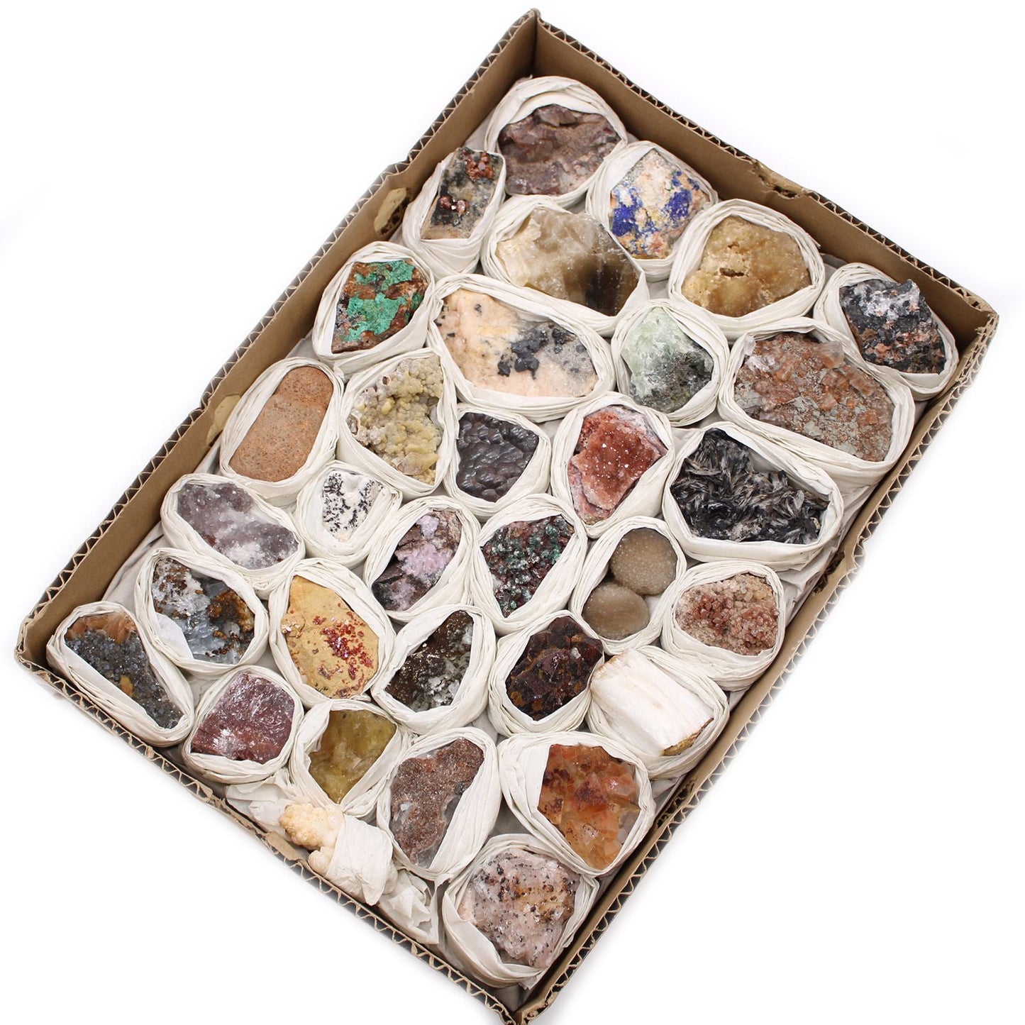 Alt Tag: Rare Mineral Specimens Set – 24 Assorted Pieces in cardboard tray with individually wrapped assorted mineral rocks