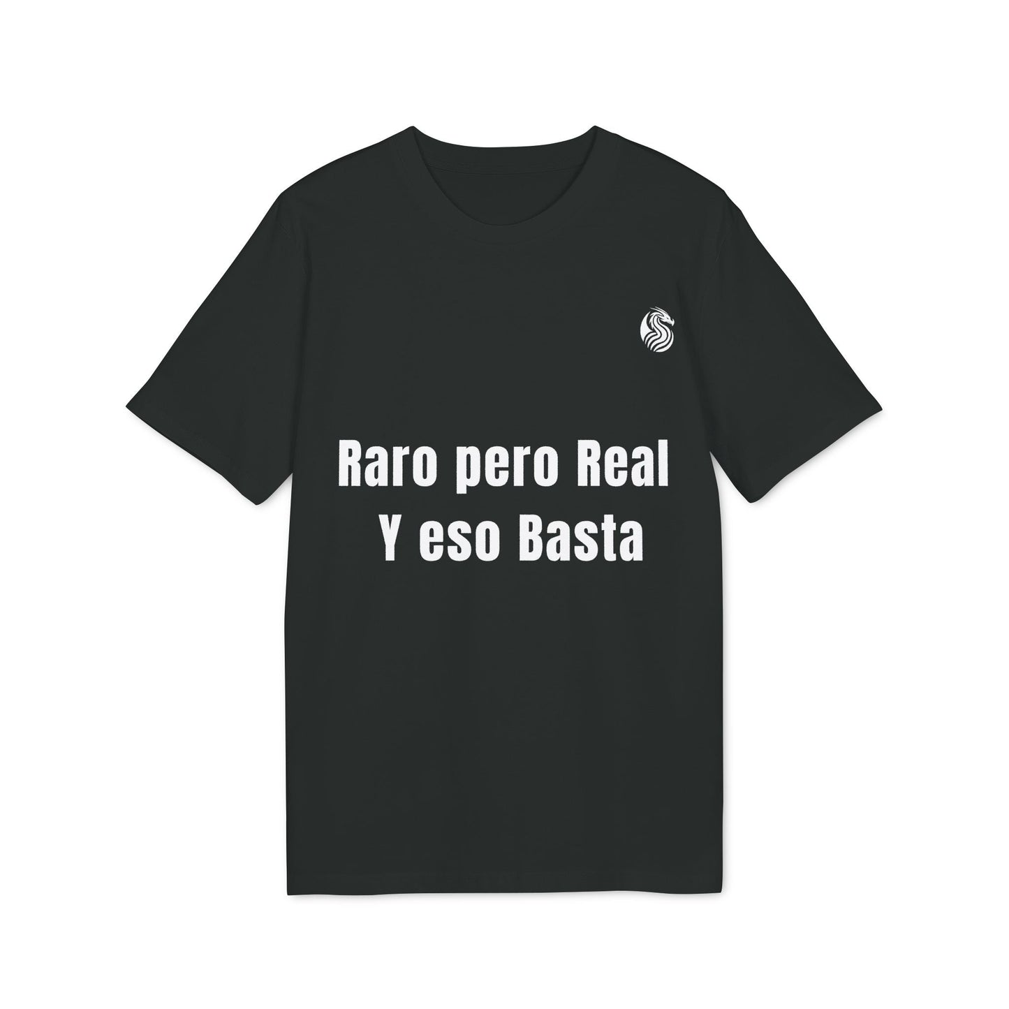 Alt Tag: Raro Pero Real Eso Basta % Drix 100% Organic Cotton T-Shirt negra con texto "Raro pero Real y eso Basta" en el frente