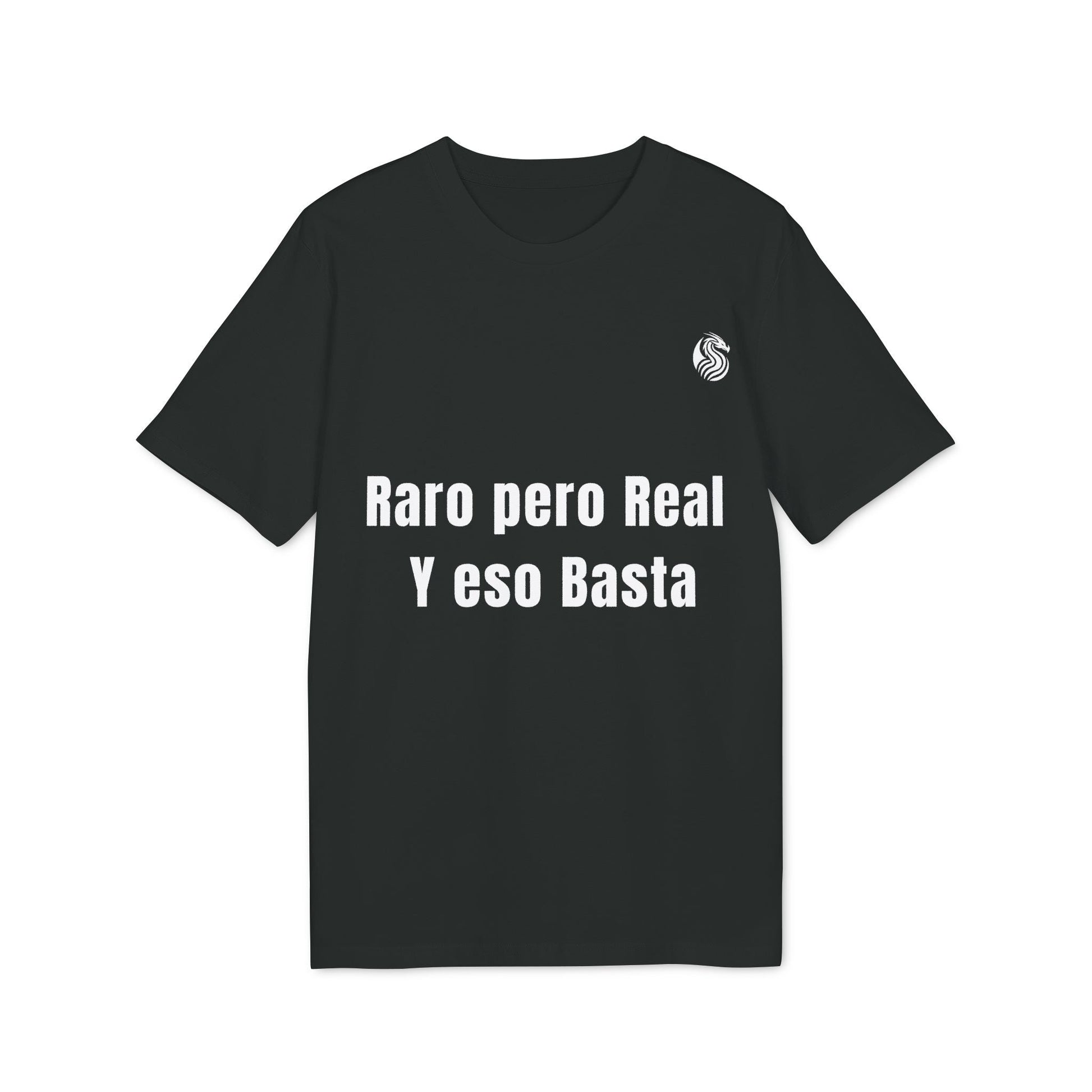 Alt Tag: Raro Pero Real Eso Basta % Drix 100% Organic Cotton T-Shirt negra con texto "Raro pero Real y eso Basta" en el frente