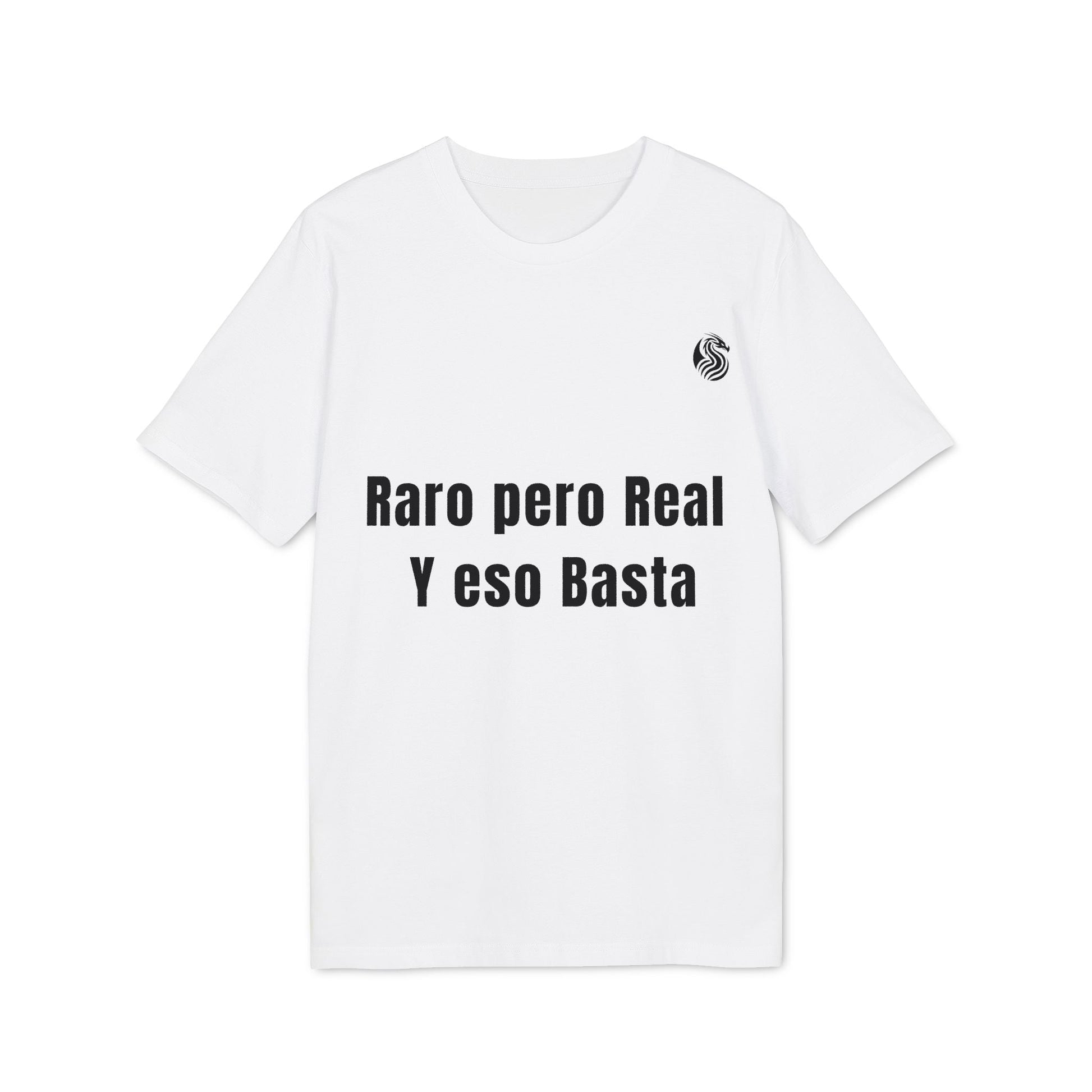 Alt Tag: Raro Pero Real Eso Basta % Drix 100% Organic Cotton T-Shirt blanca con texto “Raro pero Real Y eso Basta” en negro