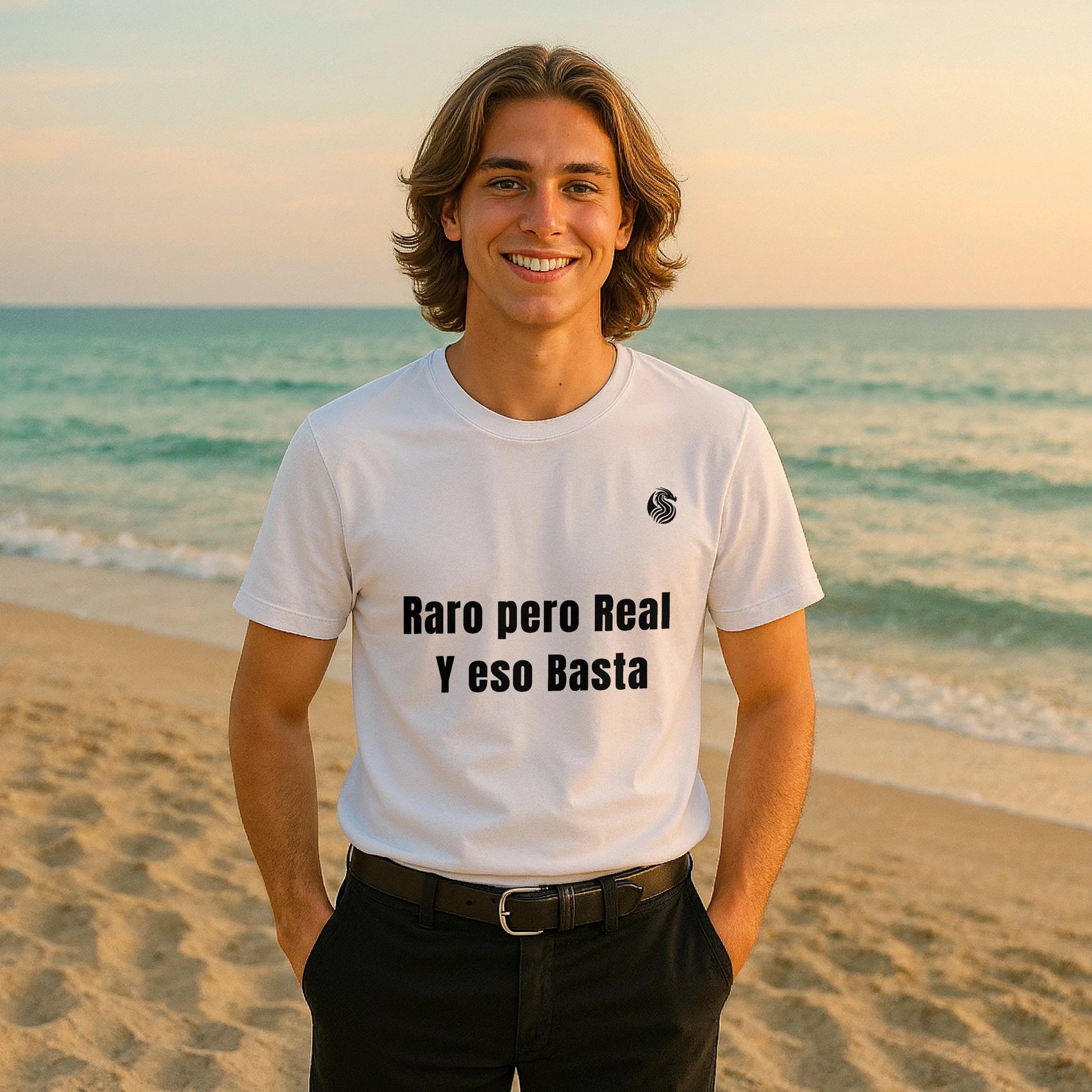 Alt Tag: Raro Pero Real Eso Basta % Drix 100% Organic Cotton T-Shirt on model at beach, white tee with “Raro pero Real Y eso Basta” text